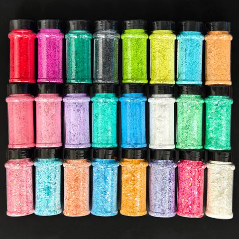 2oz Bottles Holographic Chunky Glitter Powder Set - 24 Colors Iridescent Laser Block Craft Flakes, Nail-Art Ready Supplies for Nail Techs, Epoxy Resin Decorations