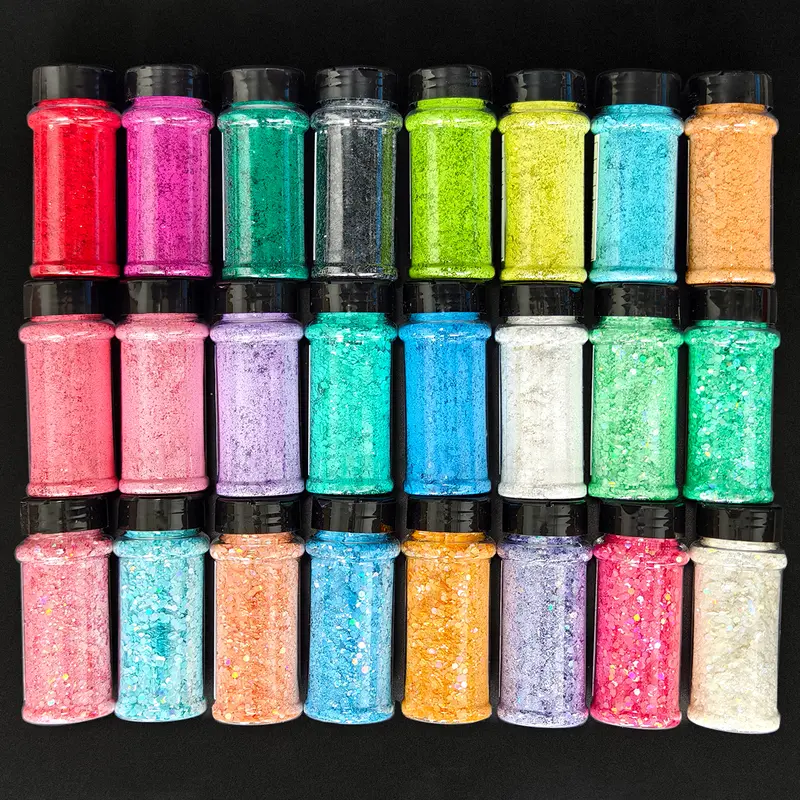 2oz Bottles Holographic Chunky Glitter Powder Set - 24 Colors Iridescent Laser Block Craft Flakes, Nail-Art Ready Supplies for Nail Techs, Epoxy Resin Decorations