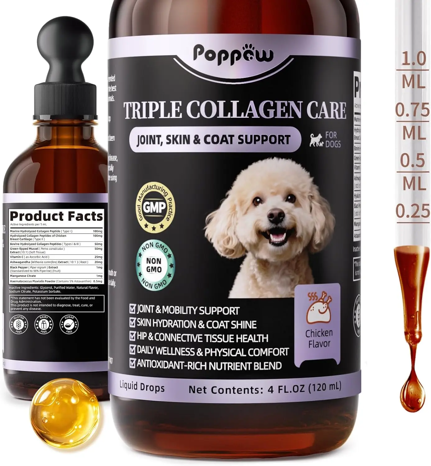 12-in-1 Collagen for Dogs - Triple Liquid Collagen for Dogs | Supports Skin & Coat , Hip & Joint with Types I, II & III collagen Drops, Green-Lipped Mussel - Chicken Flavor, 4 oz / 120 ml