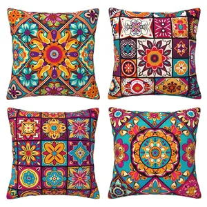 Bohemian-style mandala and checkered throw pillow set, modern decorative sofa cushion Decoration for bedroom and outdoor use, Bedroom Decorative Accessories, 4-piece double-sided printed set (without pillow core)