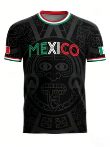 Men's Mexican Aztec Calendar Sport T-Shirt, Mexico Football Fan Street Style Round Neck Short Sleeve Top, Geometric Pattern, Loose Fit