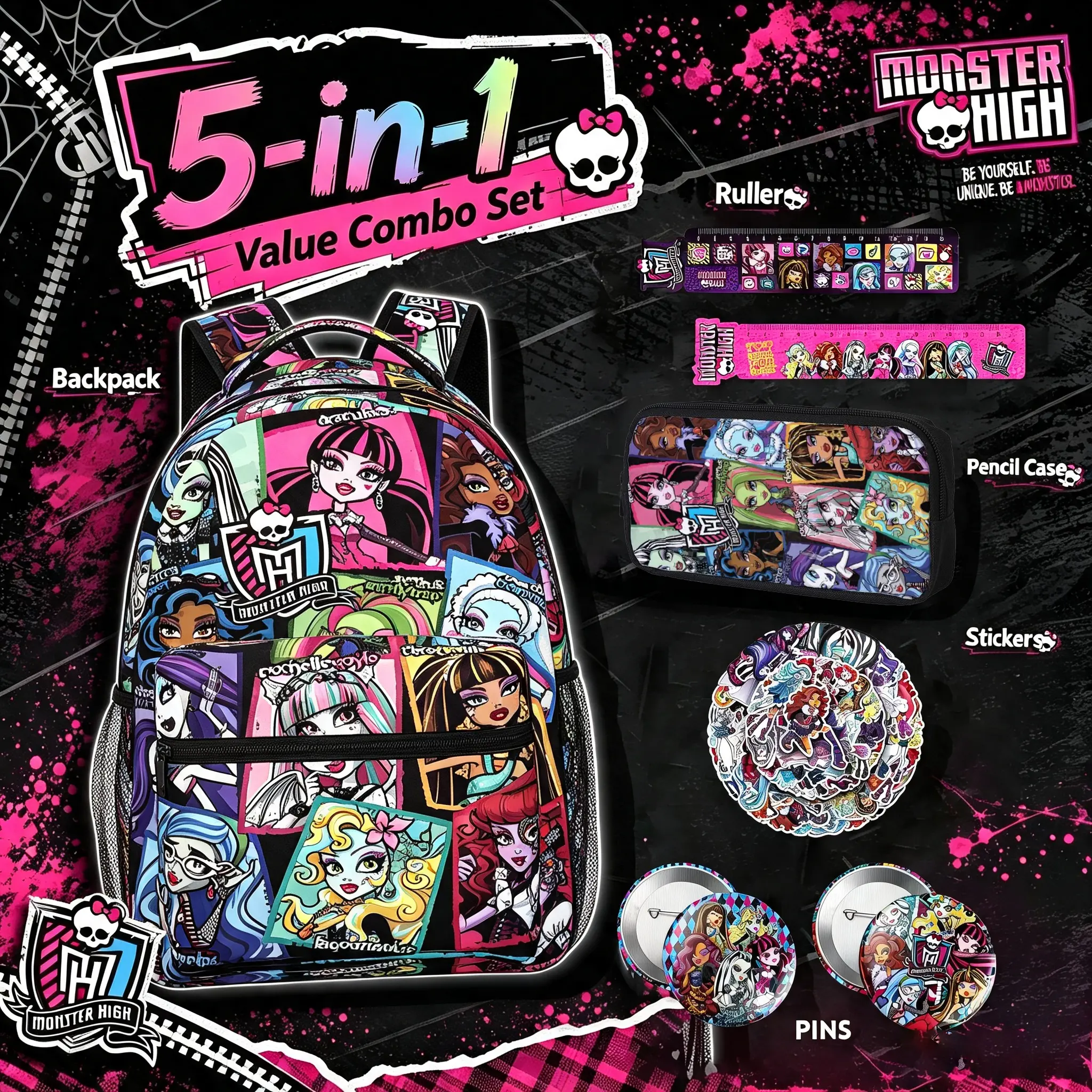 Monster High Character Print Casual Printed Backpack for Teen Girls - Lightweight, Multi-Compartment School Backpack with Adjustable Straps, Ideal for School Outings, Teen Gifts, Backpacks For School
