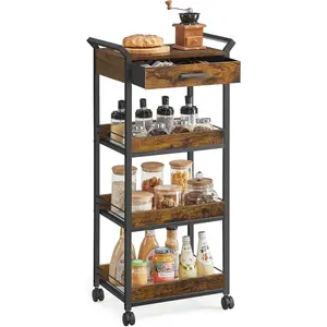 Storage Cart, 4-Tier Rolling Utility Cart with Table Top, Handles, 4 Lockable Casters, Top Drawer, Mesh Shelves, for Kitchen, Bathroom, Bedroom, Rustic Brown and Ink Black ULRC049K01