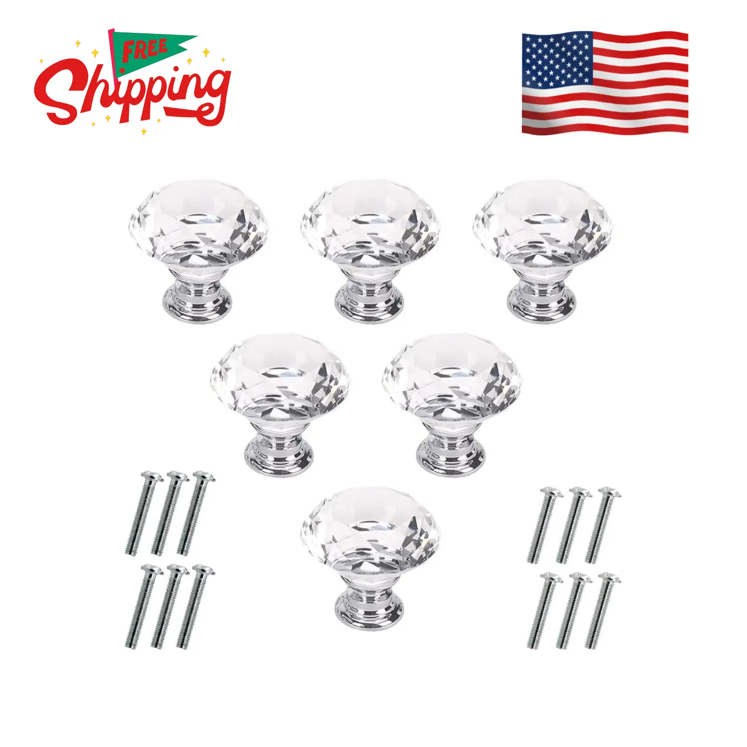 6 Pcs Crystal Glass Cabinet Knobs 30mm Diamond Shape Drawer Kitchen