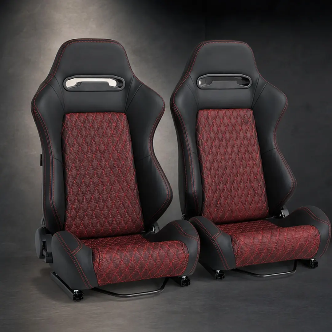 Universal Racing Seat with 165 Degree Reclining Backrest, Adjustable Dual Lock Sliders, PVC Carbon Fiber Leather, Waterproof High Elastic Sponge, Black+Red, for Most Car Models, 22.45x20.87x38.58 in, Black+Red Color Options, PVC Material