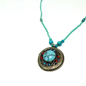 Handmade Antique Turquoise Necklace Vintage  Jewelry with Sunburst Locket