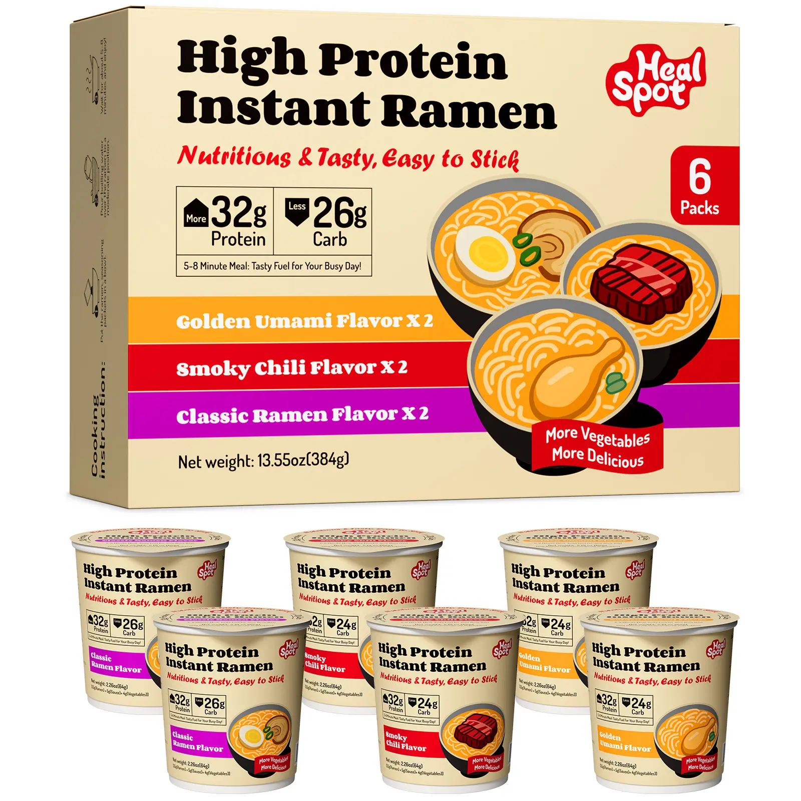 Healspot High Protein Instant Ramen Cups, 6 Cups, 32g Plant-Based Protein, Non-Fried, Low Fat, Low Carb, Non-GMO, Golden Umami, Smoky Chili & Classic Ramen