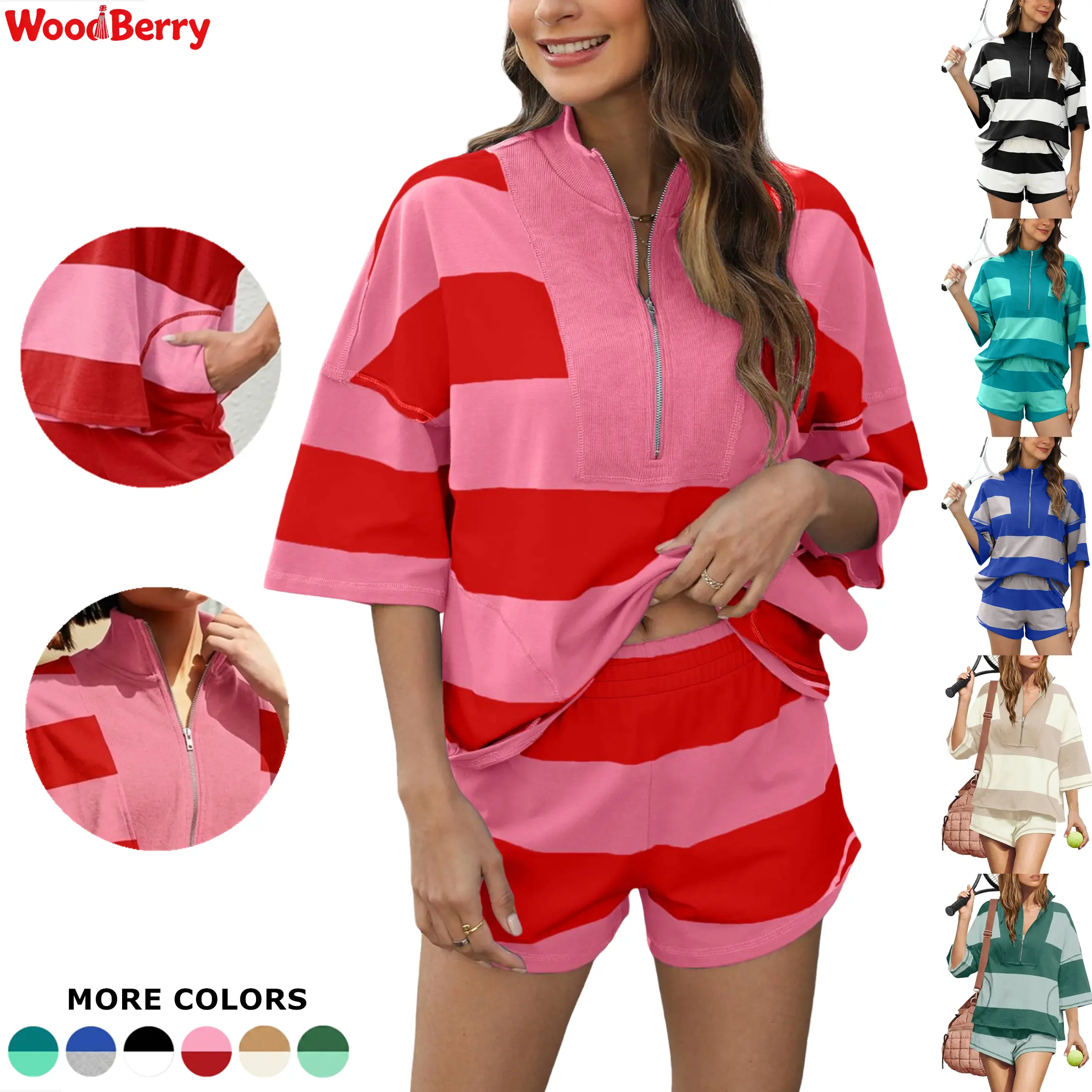 WoodBerry Women's Two Piece Workout Set Striped Short Sleeve Oversized Shirts Wide Leg Shorts Sets Summer Lounge 2 Piece Tracksuit with Pockets Tennis Sport Outfits for Daily