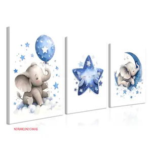 3-Piece Set: Artistic Canvas Wall Art Decoration, Space Theme Design, for Baby Boys' Nurseries, Blue Elephant, Moon, and Stars Theme Murals, Cute Animal Posters for Baby Girls' Nurseries, Perfect for Children's Bedrooms, Frameless