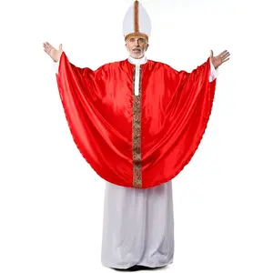 Pope Costume Adult Men Halloween Bishop Biblical Apostle Catholic Priest Red Papal Poncho outfit