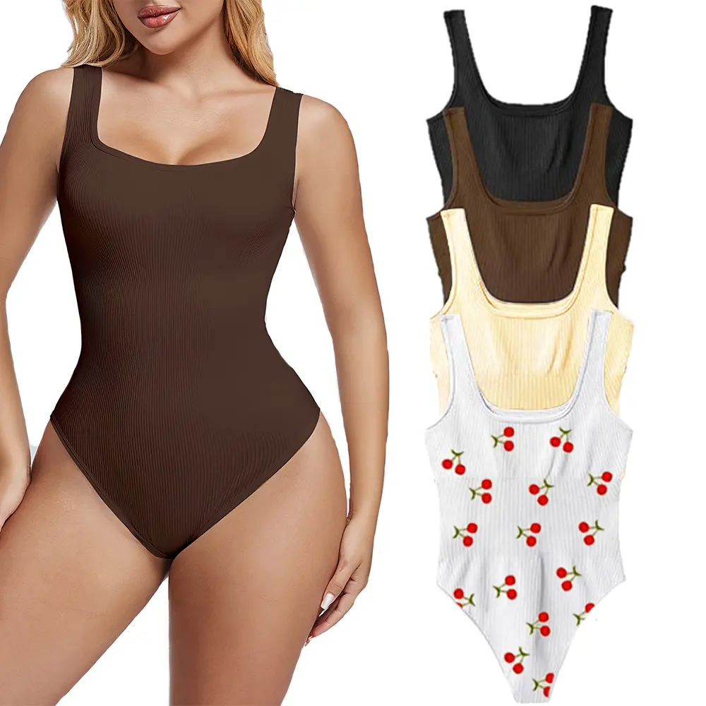 【Limited time deal】【Fast Shipping】Women's Seamless Ribbed Bodysuit 4 Piece Sleeveless Square Neck Top Trendy Womenswear