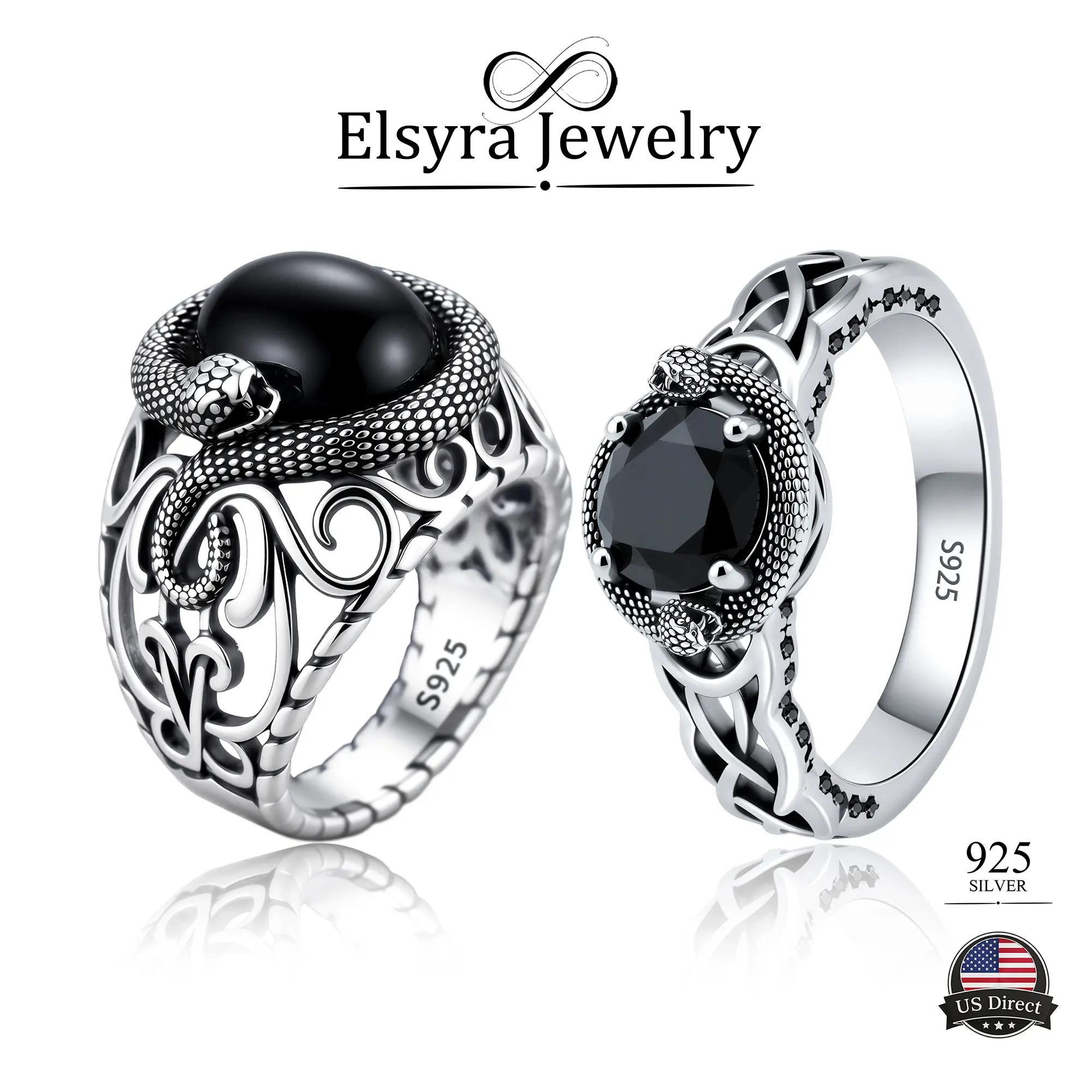 ELSIRA S925 Sterling Silver Black Onyx Snake Band Ring - Vintage Inspired Punk Gothic Serpent Statement Jewelry, Crafted Beautiful Unique Ring for Women, Dark Aesthetic Daily Gift