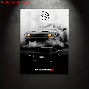 1 piece/set frameless canvas painting print poster, classic realistic vehicle art, Modern Minimalist Design, Dissolve Dodge Challenger Hellcat, perfect gift for muscle car lovers, ideal gift for bedroom, living room, mural, home decor