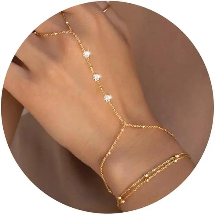 Women's 2-PC Handmade 14 Karat Gold Adjustable Stackable Link Bracelet Set - Zircon Beads Elegant Fashion Wrist Jewelry, High Quality Boho Summer Wedding Accessory, Thoughtful Gift for Women, Elegant Jewelry Bracelet, High Quality Bracelet