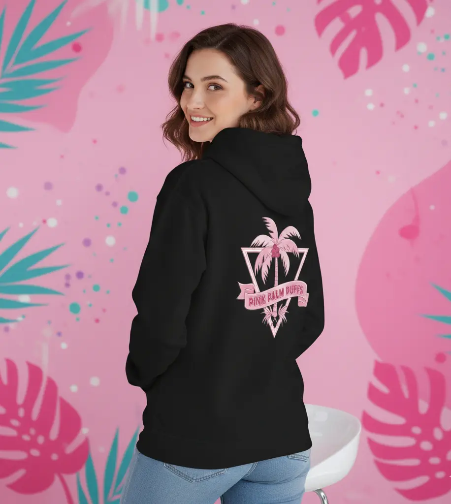 Pink Palm Puffs Hoodie: Your New Go-To Vibe - Unisex Heavy Blend Hooded Sweatshirt with Embroidery & Drawstring, Cozy Beach Style for Autumn