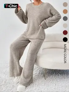 Women's Raglan-Sleeve Split Loose Long Sleeve Sweater & Elastic-Waisted Pants Set, Basic Round-Neck Top & Pants Set, Autumn & Winter Clothing for Daily Wear
