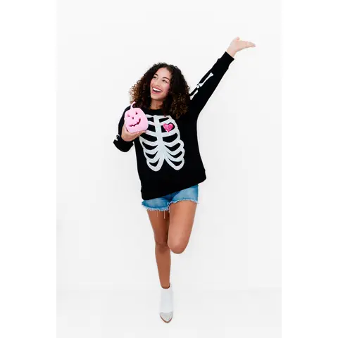 Whiskey Darling Boutique Sweatshirt Women's Casual, Sequin Skeleton Graphic Top, Luxe French Terry Cotton Blend for Halloween, Plus Size 2X/3X, Crew Neck