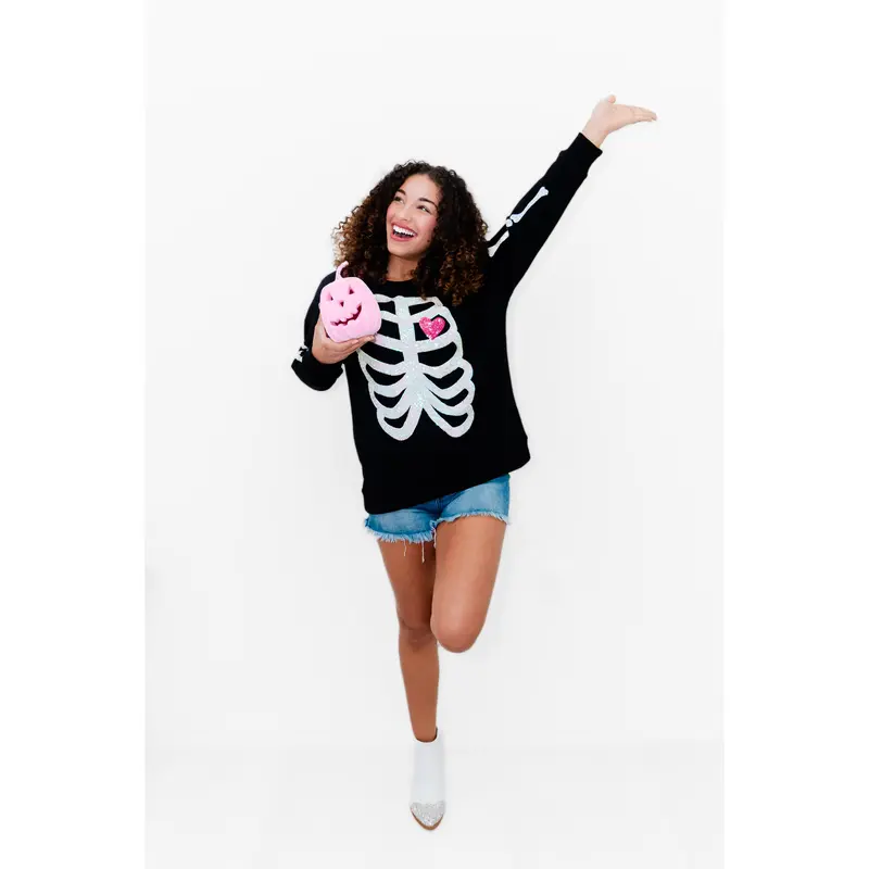 Whiskey Darling Boutique Sweatshirt Women's Casual, Sequin Skeleton Graphic Top, Luxe French Terry Cotton Blend for Halloween, Plus Size 2X/3X, Crew Neck