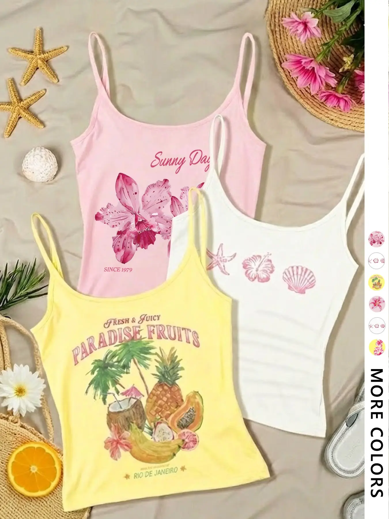 Women's 3-Piece Vest Set, Thin Strap Fitted Tank Top, Cream & Tops, Fruit Pattern, Casual Fashion, Summer Breathable, Feminine, Womenswear, Fabric
