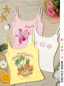 Women's 3-Piece Vest Set, Thin Strap Fitted Tank Top, Cream & Tops, Fruit Pattern, Casual Fashion, Summer Breathable