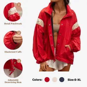 Women's Retro Windbreaker Jacket - On Sale! Patchwork Design Elastic Cuffs Adjustable Drawstring Hem Lightweight Casual Outerwear
