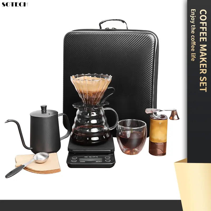 【Back to School Shopping】SOTECH Pour Over Coffee Maker Set ALL in 1 Travel Portable Coffee Set with Storage Box 9pcs Coffee Maker Set Suitable for Camping Home Office and Gift Giving for Man Women Friend Family Gift Christmas New Year Viral