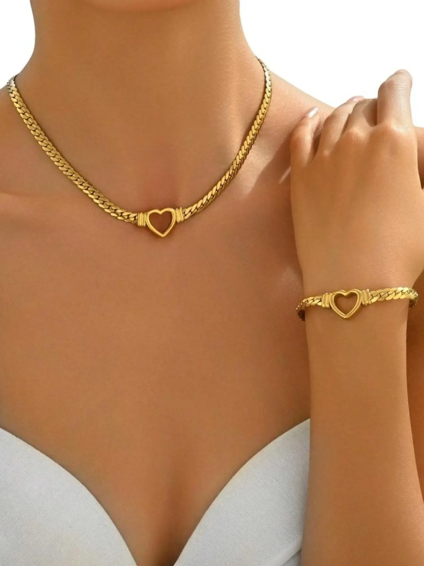 Love Forever Titanium Steel Necklace Bracelet Set, Hollow Heart Design, Wide Flat Chain, Unisex Jewelry, Romantic Jewelry, Perfect Gift for All Seasons