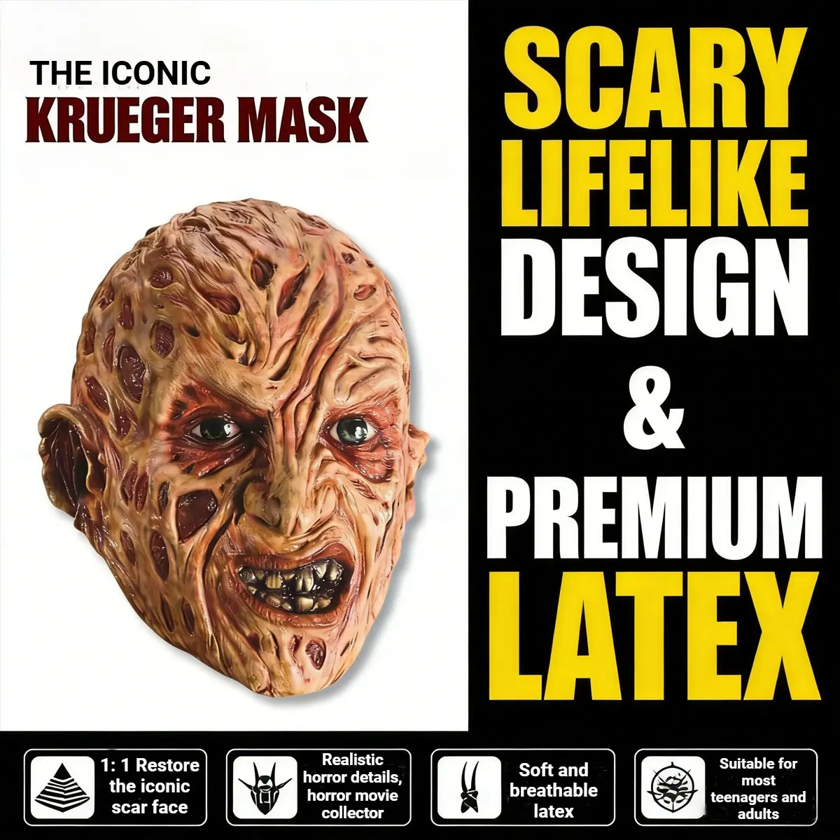 A Nightmare on Elm Street Freddy Krueger Retro Waterproof Cosplay Latex Mask - 1:1 Movie-Accurate Burned Texture, Comfortable Breathable Durable Prop, Adult Party Accessory for Halloween Horror Themed Events Collectors