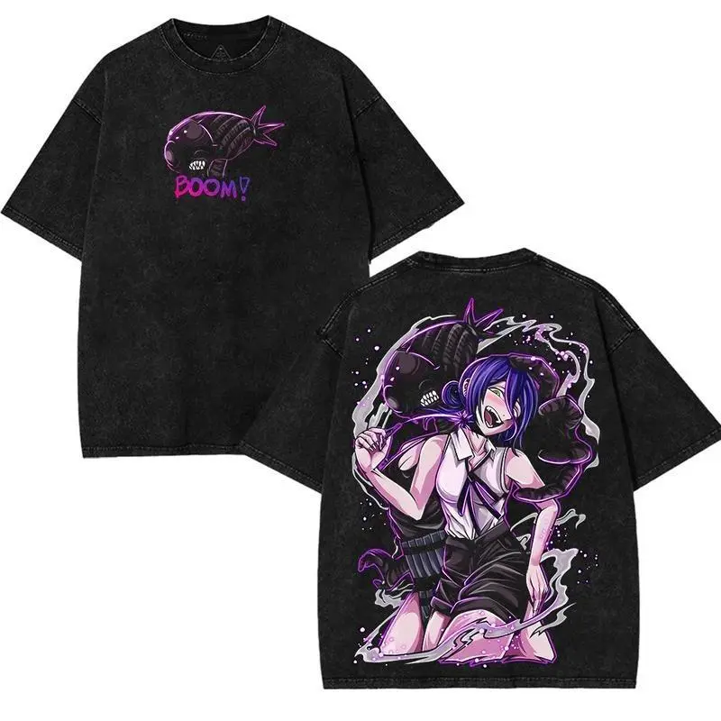 Chainsaw Man Reze bomb devil Oversized Anime Manga 2 sided Washed T-shirt Cotton Unisex Menswear Streetwear graphic tee Long Sleeve Clothes Tshirts Gamis