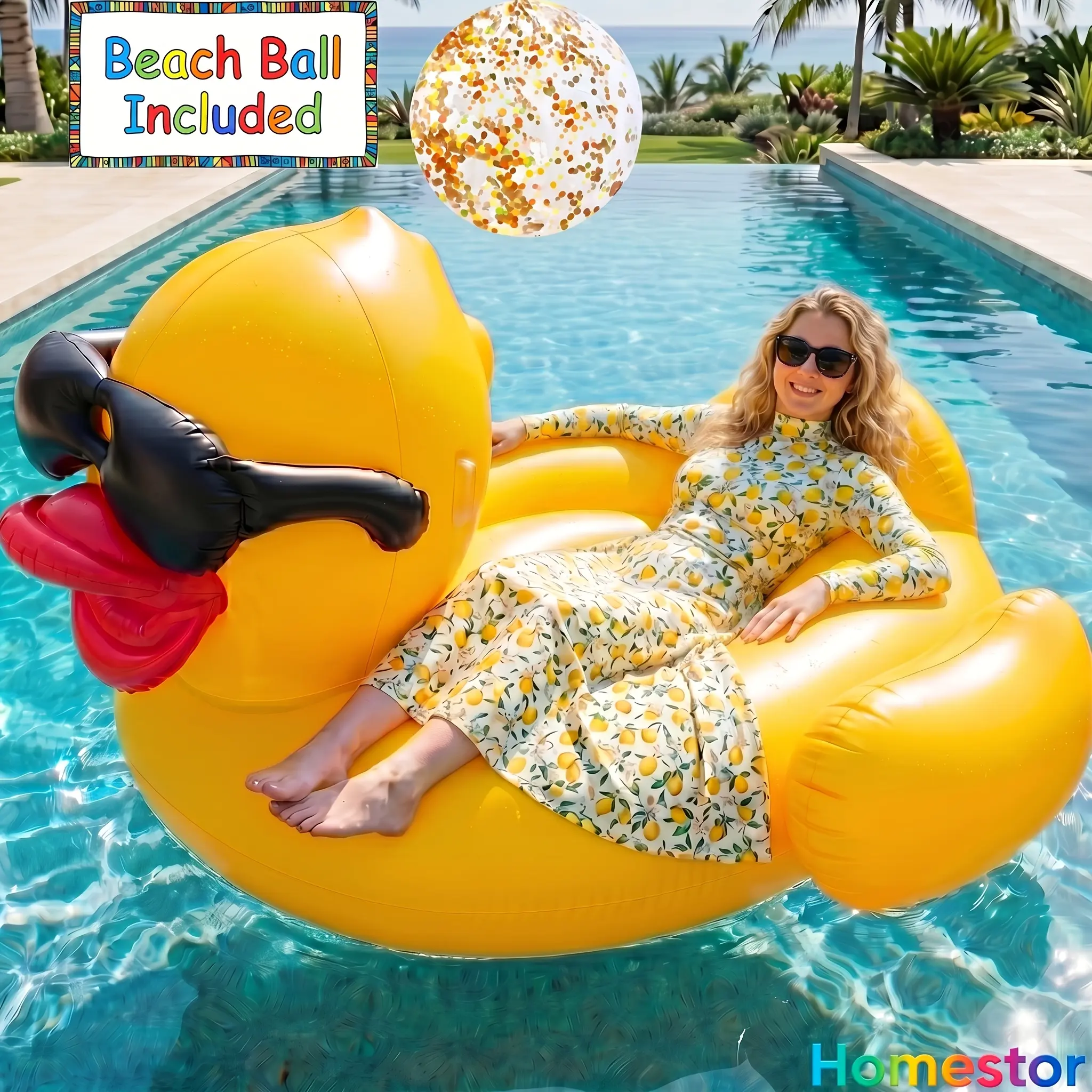 Oversized Duck Pool Float for Adults, 67-Inch XXL Inflatable Raft with 16 Inch Beach Ball, Swimming Pool Ride-On Rafts, Water Lounger Floats for Outdoor Lake, River, Beach, Pool Gatherings, Blow Up Floaties Summer Party Decoration(Holds Up to 300 Pounds)