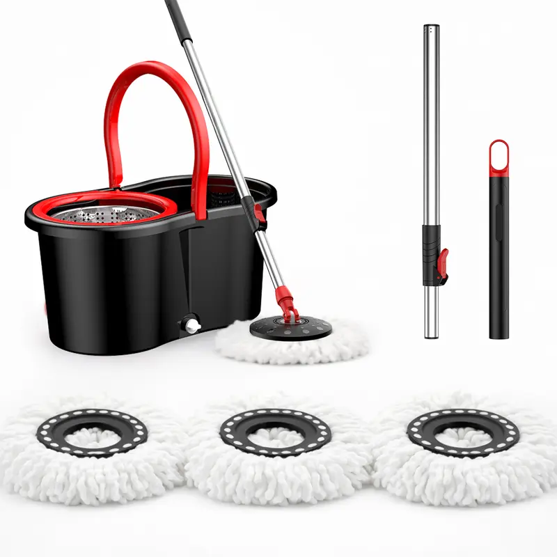 new Stainless steel rotating mop set, including 3 replacement mop heads and an extendable handle, for convenient cleaning, featuring a rotating design. Black and red two-tone mop bucket set. Rotating mop bucket set. commercial mop