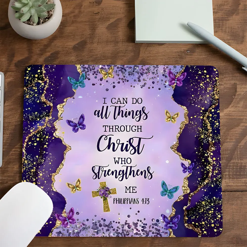 Christian Inspirational Quote Square mouse pad, Desktop Decorative Protective Pad, Desktop Accessory, Rubber Anti-slip Lockedge Work Pad, Non Slip Mousepad, Small Size Suitable for Laptop, Desktop Computer Games, Gaming Mousepad