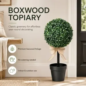 1 Pc Artificial Boxwood Topiary Potted Plant, Classic Farmhouse Style, Dense Ball Shape with Ground Stake Display, Perfect for Tabletop Entryway Living Room Porch Front Door Decor