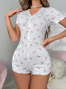 Women's Floral One-Piece Pajamas Summer New European Style Short Pants Home Wear V-Neck Short Sleeve Onesie