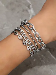 Punk Style Multi-Layer Metal Chain Bracelet Set, Unique Silver Color Layered Cuban Chain Jewelry, Bold Fashion Accessory for Girls