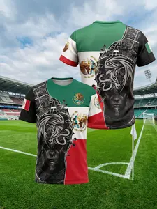 Mexican Flag Aztec Warrior Print T-Shirt, 3D Digital Vintage Totem Short Sleeve, Men's Patriotic Casual Wear, Sporty Fitted H-Type Tee