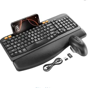 Wireless Keyboard and Mouse Combo, Ergonomic Wave Keys, Cushioned Plam Rest, Rechargeable, Phone Holder, Natural Typing, 2.4G Lag-Free, Full Size Keyboards Cordless Set for Windows/Mac