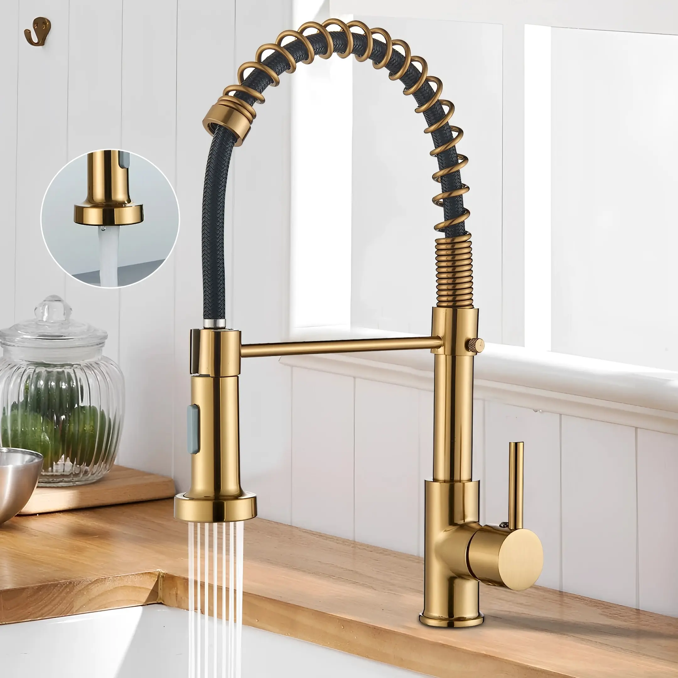 Brushed Gold Kitchen Faucet, Kitchen Faucets with Pull Down Sprayer Industrial Single Handle One Hole Faucet for Farmhouse Gold Faucet for Kitchen Sink