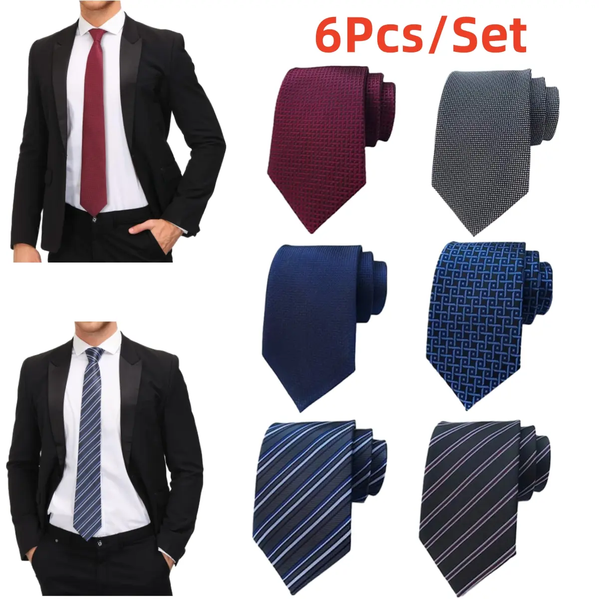 Men's 6Pcs-Set Elegant 57.5 Inches Silk Neckties with Woven Pattern, Print, 6 Styles, Hand Tools Kit for Formal Events, Weddings, Conferences