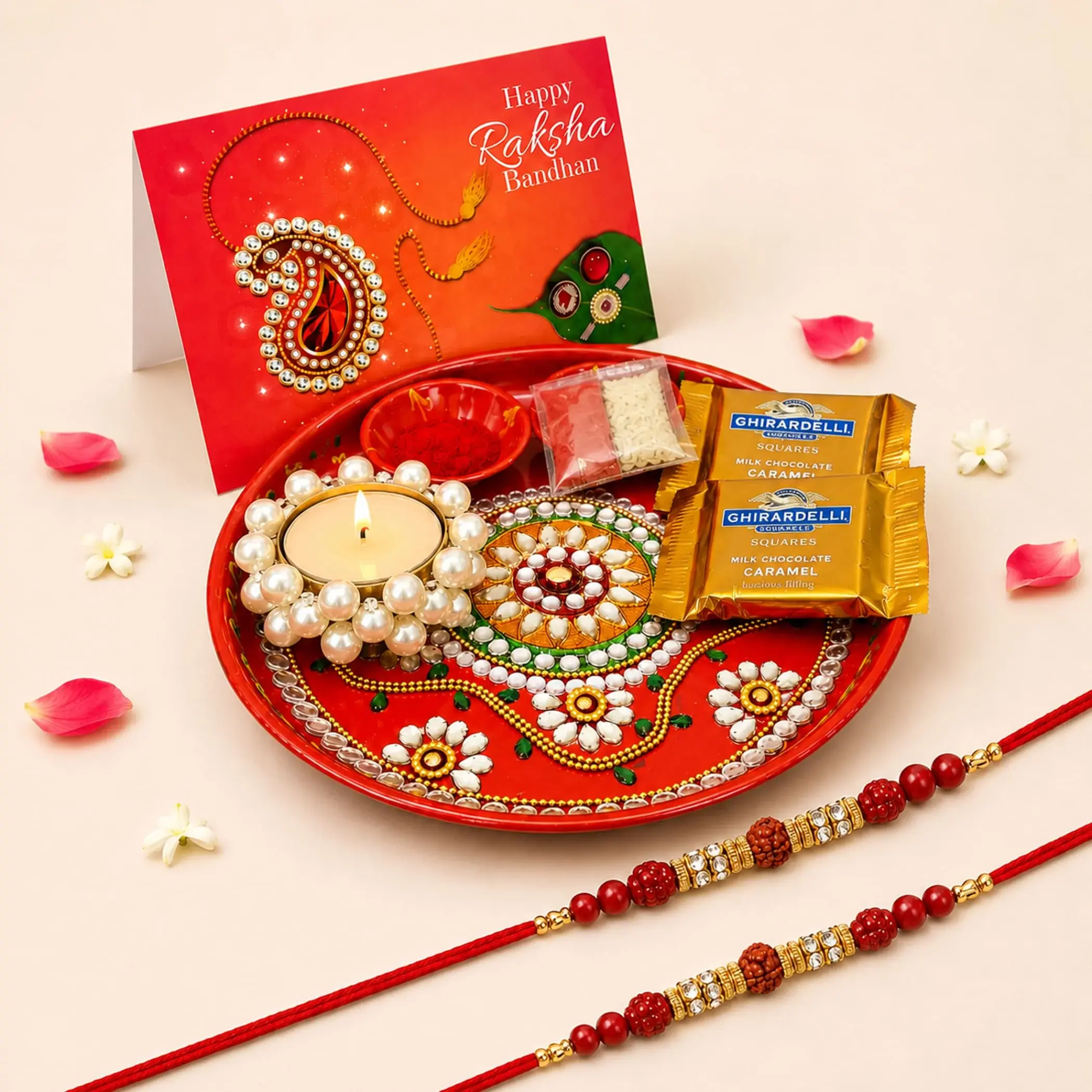 Cherished Rakhi Gift Hamper Set | Includes Rakhi, Pooja Thali, Roli Chawal, Candle, Sweets & Card | Blessings for Raksha Bandhan