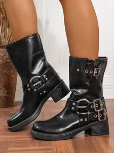 Women's Vintage British Boots, Mid-Calf Thick Sole Motorcycle Boots, Comfortable PU Leather Knight Boots, Metal Buckle Decor, Round Toe Boot