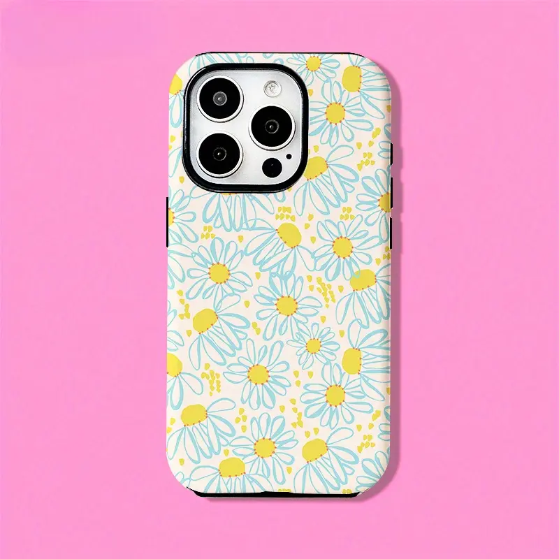 Stylish daisy pattern, durable and shock-absorbing glossy two-in-one phone case, suitable for iPhone 17, 16, 15, 14, 13, 12, 11, X, Samsung and other series models. It can be given as a holiday gift to friends or family.