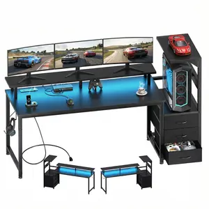 RGB Gaming Desk – Panoramic PC Display Stand, LED Lights, 3 Fabric Drawers, Side Shelf – Built-in 3 Outlets & 2 USB Ports, Heavy Duty Steel Frame – Cable Management Ready