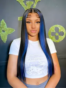 28" Blue Highlight Black Synthetic Lace Front Wig Ombre Straight with Dark Roots 13x4 HD Transparent Lace Free Part Heat-Resistant Pre-Plucked Hairline for Women Daily & Party Wear HD Transparent Wigs Lace Frontal Wigs