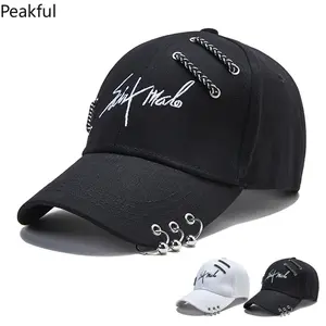 Punk Chain Ring Baseball Cap, Stylish Signature Embroidered Streetwear Hat, Unisex Adjustable Sun Protection Headwear, rugged cotton construction with metal accents, trendy accessory for festivals, outings, and everyday urban fashion