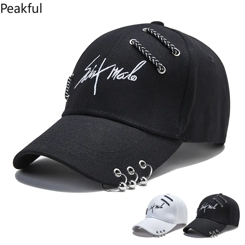Punk Chain Ring Baseball Cap, Stylish Signature Embroidered Streetwear Hat, Unisex Adjustable Sun Protection Headwear, rugged cotton construction with metal accents, trendy accessory for festivals, outings, and everyday urban fashion