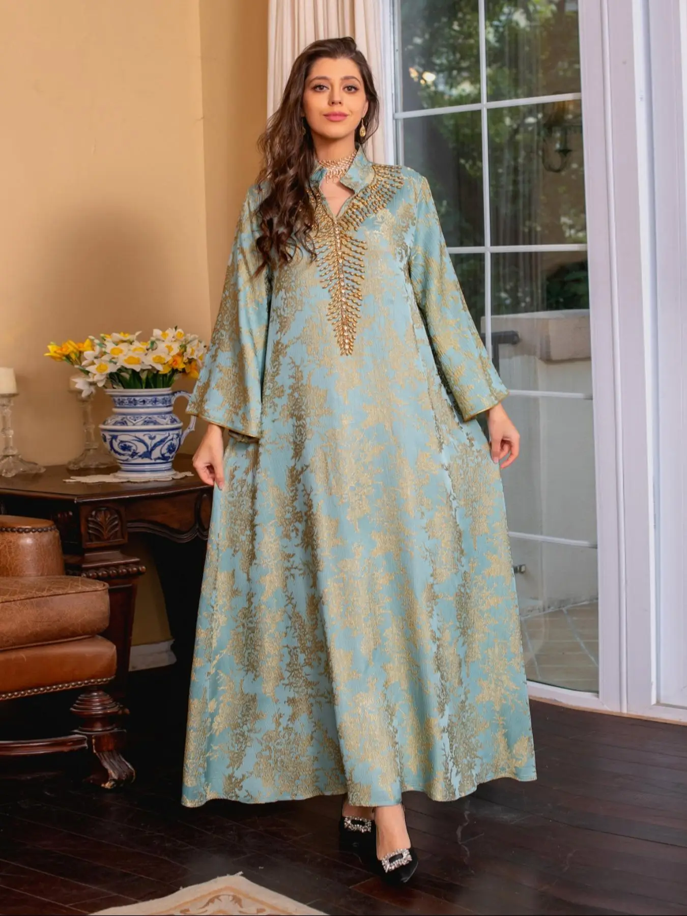Arabic Clothing-All Over Print Beaded Decor Notched Neck Tunic Dress, Elegant Long Sleeve Dress for Women, Women's Islamic Clothing for All Seasons