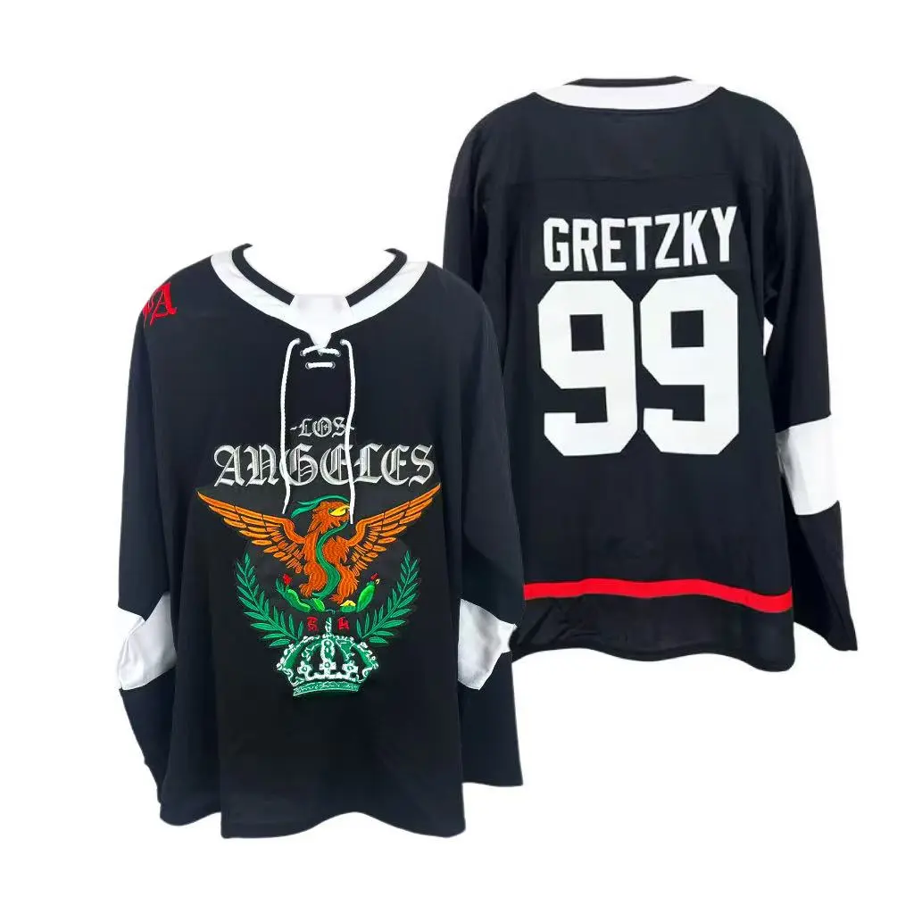 Gretzky 99 LA Eagle Energy Black Polyester Fabric Hockey Jersey, Sporty Chic Fitted Unique Print for Streetwear, Casual Outings Fan Gear