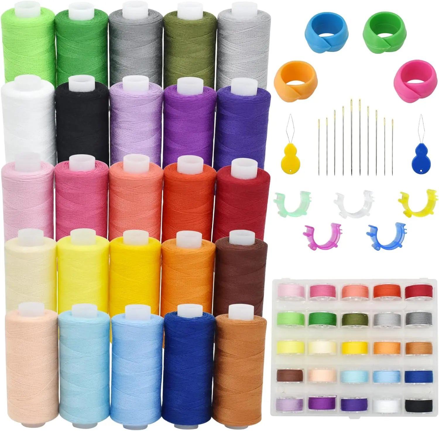 50 count 25 Colors Sewing Thread Set with Matching Bobbins, Spool Organizers, , and  Threaders for Hand, Embroidery, Sewing Machines, and DIY Crafts