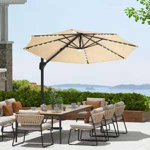 GAOMON 10FT Mini Offset Patio Umbrella with Solar-Powered LED Lights - 360° Rotation & Easy Tilt Cantilever Umbrella with Cross Base for Backyard, Poolside, Deck, and Outdoor Spaces, Beige